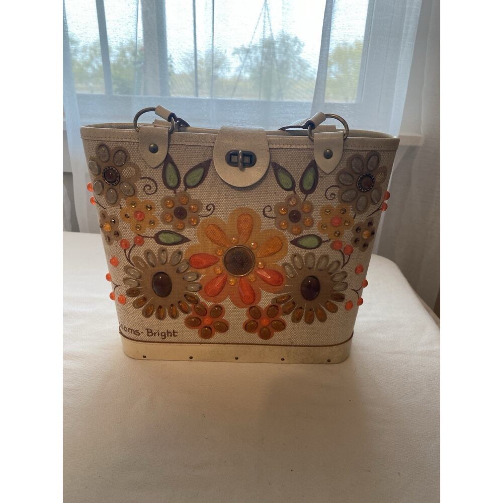 VTG Collin MCM Purse Handbag Flower Canvas Blossoms-Bright Wood Bottom READ - Picture 5 of 16